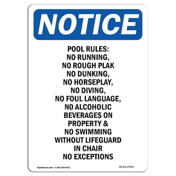 Safety Sign, OSHA Notice, 5" Height, Pool Rules No Running No Rough Sign, Portrait, 10PK